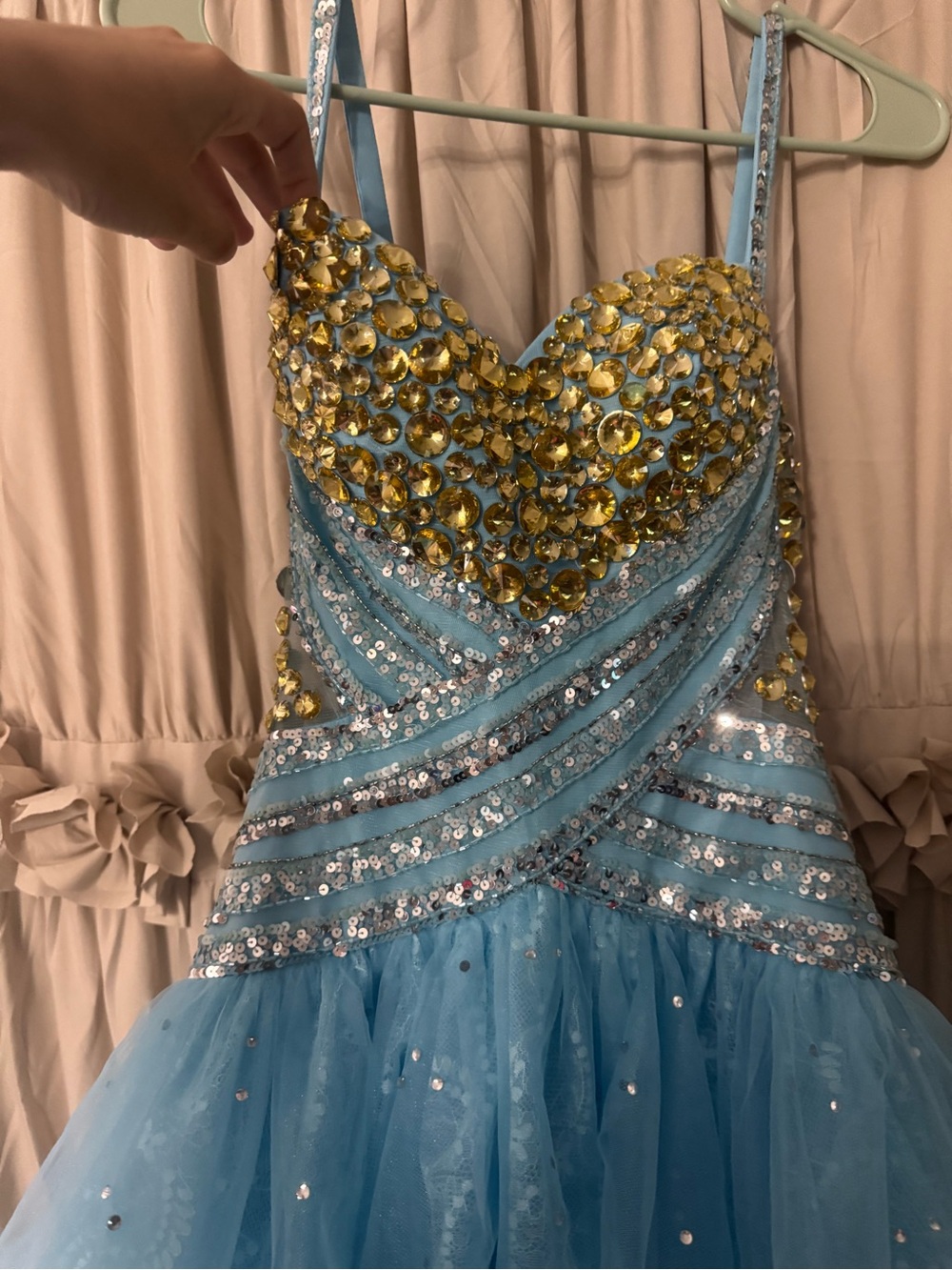 Sherri Hill Light Blue and Gold Beaded High-Low Prom Dress - Picture 9 of 12